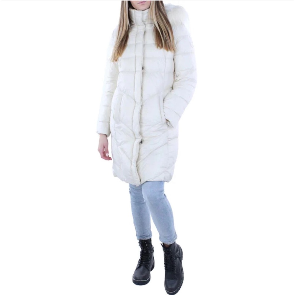 NWT Larry Levine Women's Quilted Mid-Length Puffer Coat with Faux Fur Trim Hood